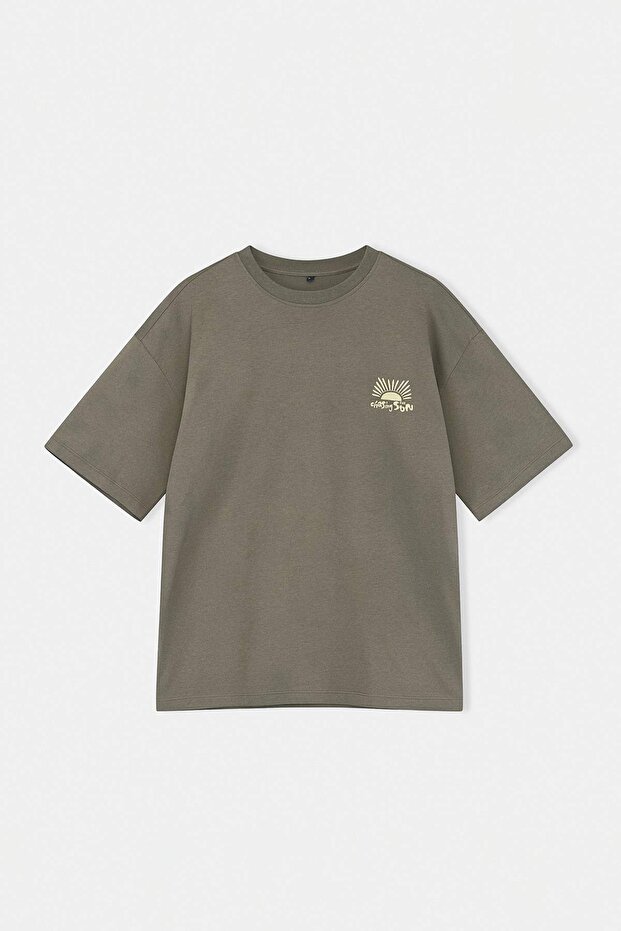 Haki Unisex Oversize/Geniş Kesim Baskılı %100 Pamuk T-Shirt TMNSS25TS00031 - 2