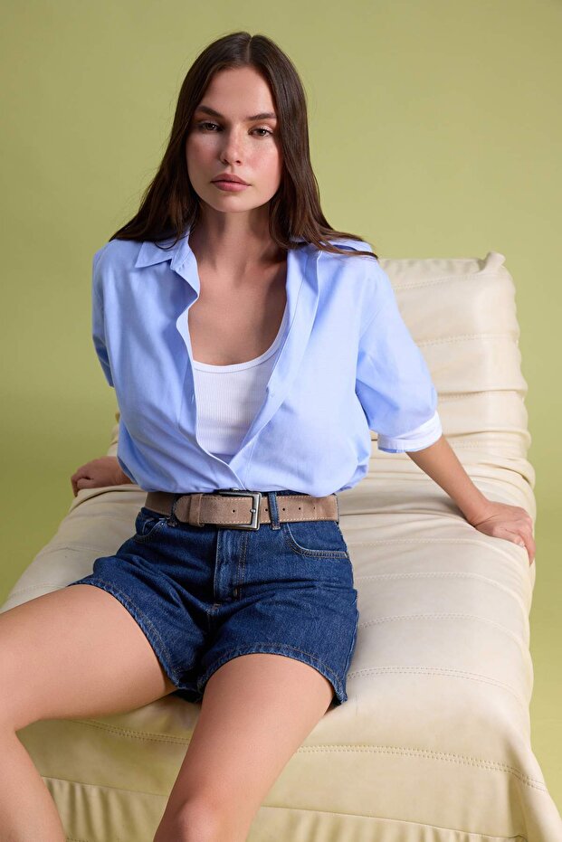 Koyu Mavi More Sustainable City Boy Yüksek Bel %100 Pamuk Denim Şort TWOSS26SR00054 - 4