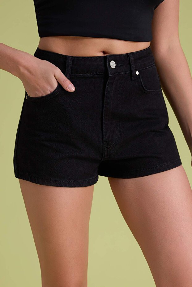 Siyah Yüksek Bel Mini Denim Şort TWOSS23SR00312 - 3