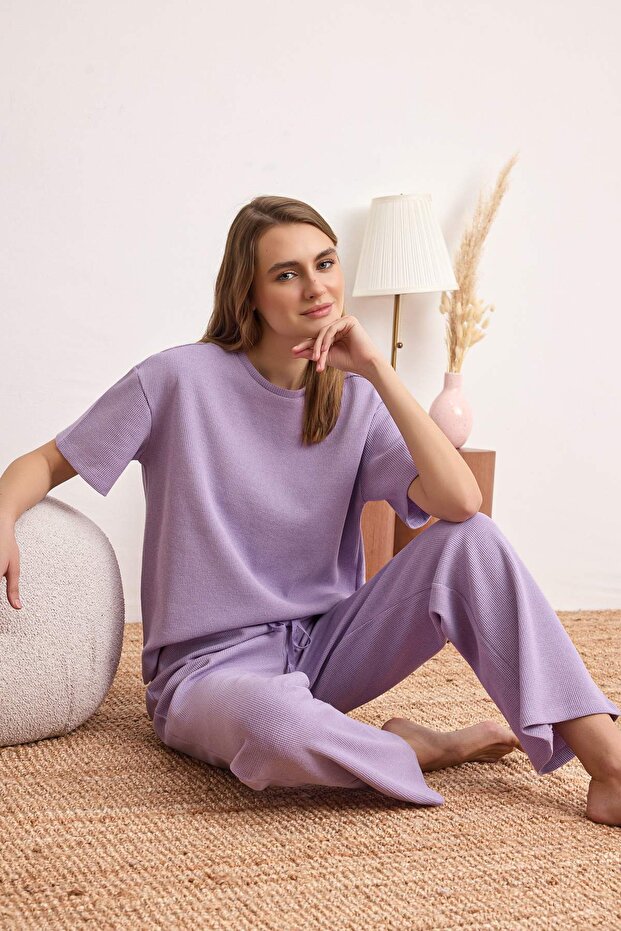 Trendyolmilla  Lila Bel Bağlama Detaylı Waffle Örme Pijama Takımı THMAW26PT00050 - Görsel 3