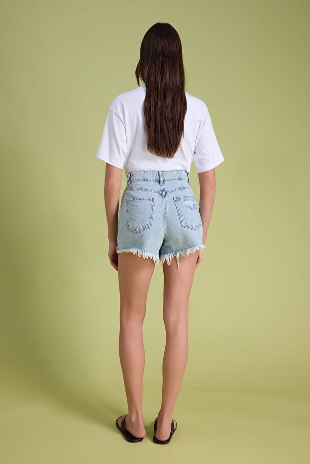Mavi Yırtıklı Yüksek Bel Mini Denim Şort TWOSS22SR00030 - 4