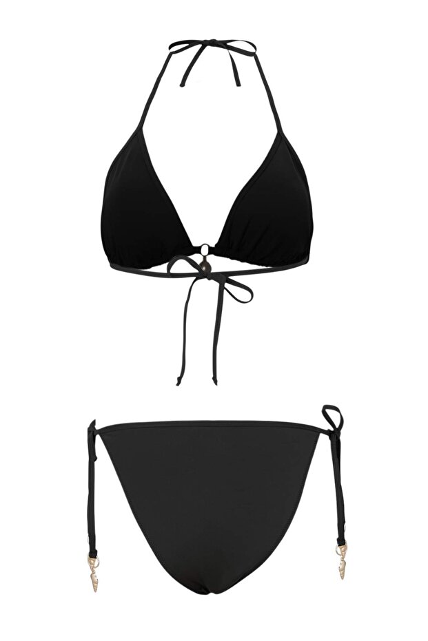 Siyah Üçgen Kaplı Charm Aksesuarlı Normal Bel Regular Bikini Takımı TBESS26BT00080 - 5