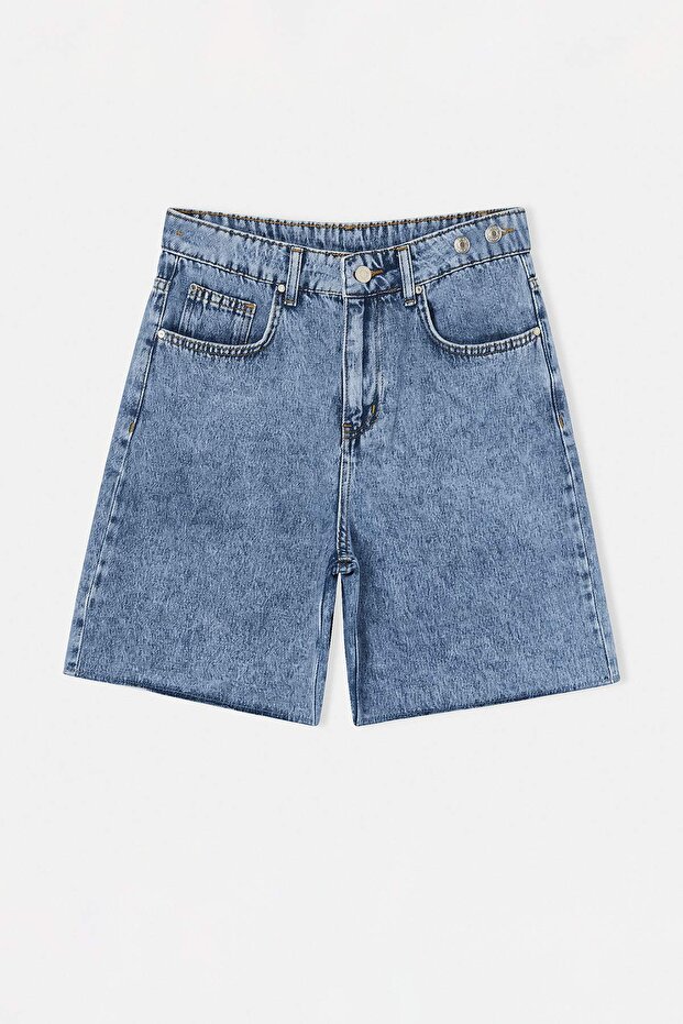 Mavi Beli Ayarlı Yüksek Bel Denim Bermuda TWOSS26SR00144 - 5