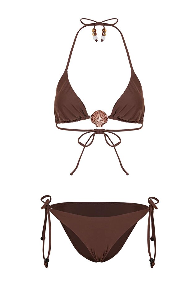 Kahverengi Üçgen Kaplı Aksesuarlı Normal Bel Regular Bikini Takımı TBESS26BT00081 - 4