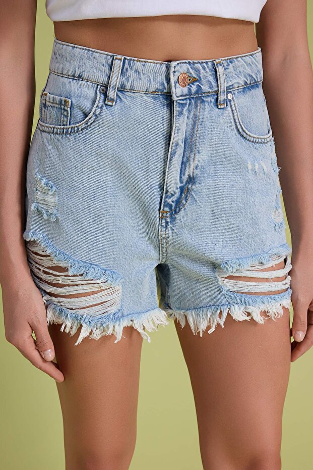Mavi Yırtıklı Yüksek Bel Mini Denim Şort TWOSS22SR00030 - 3