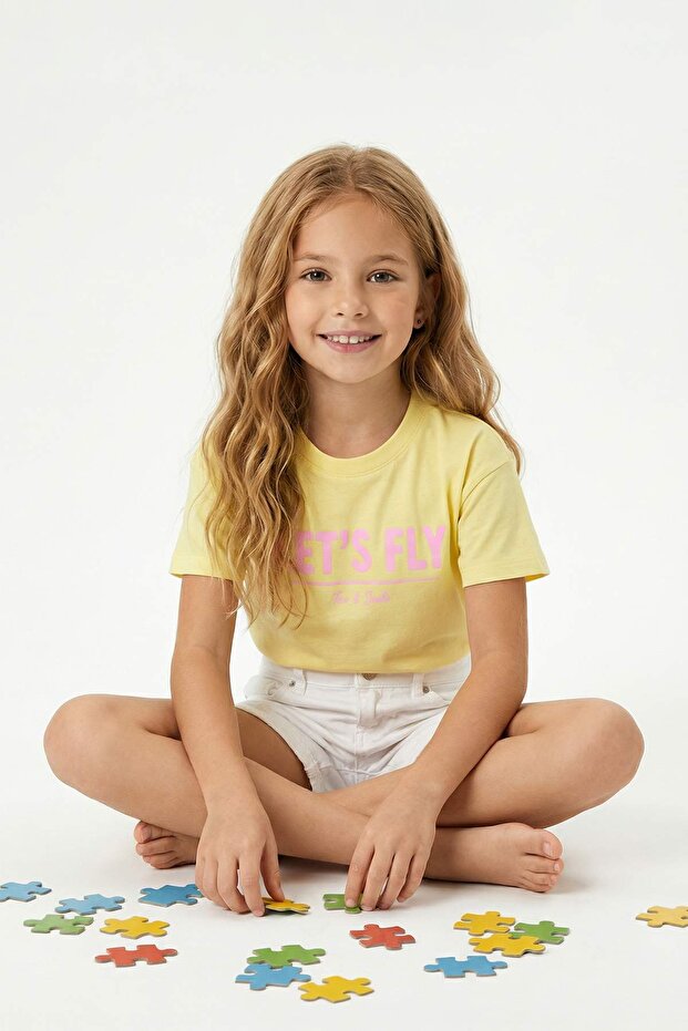 Sarı-Yeşil 2'li Kız Çocuk Baskılı Örme T-Shirt TKDSS26TS00053 - 5