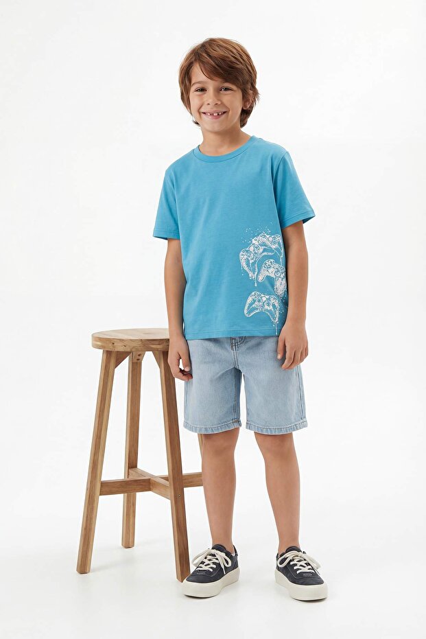 Beyaz-Mavi 2'li Erkek Çocuk Baskılı Örme T-Shirt TKDSS26TS00040 - 5