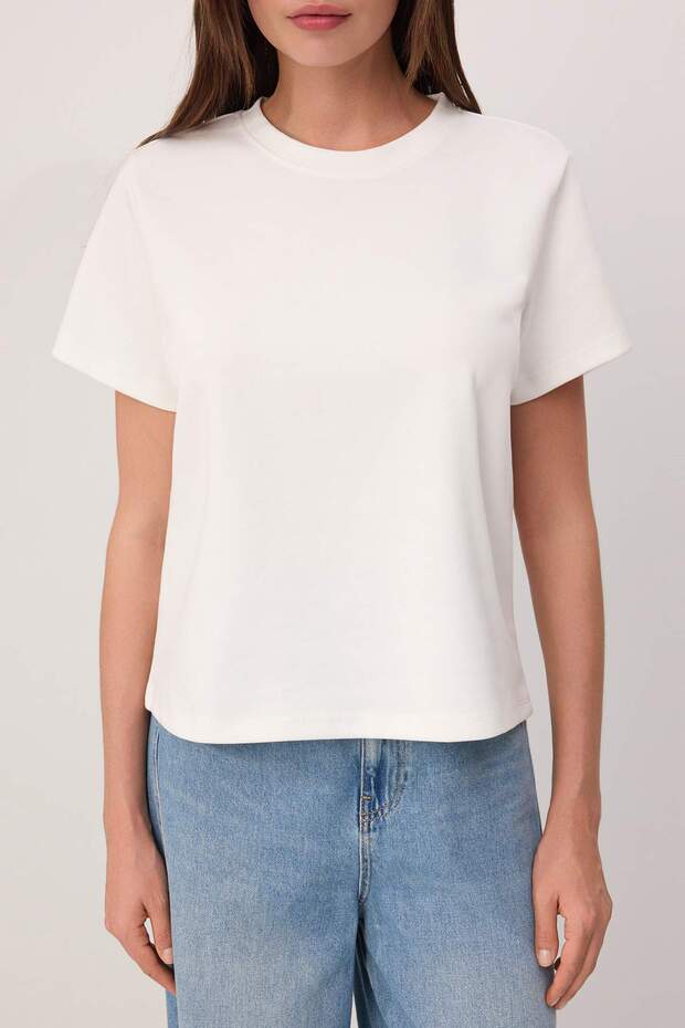 Ekru Düz Regular Bisiklet Yaka Standart Kol Kısa İnterlok Örme T-Shirt TWOSS26TS00064 - 4