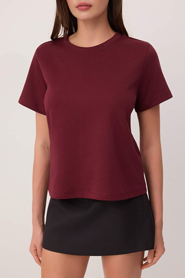 Bordo Düz Regular Bisiklet Yaka Standart Kol İnterlok Örme T-Shirt TWOSS26TS00064 - 4
