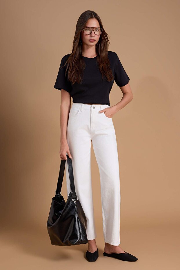 Beyaz Yüksek Bel %100 Pamuk Barrel Jeans TWOSS26JE00164 - 1