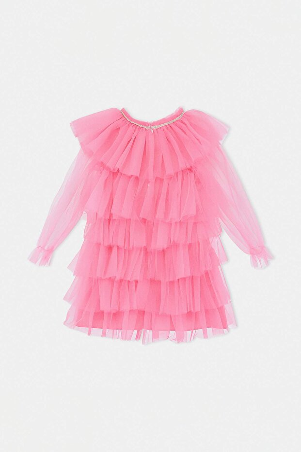 Pembe Midi Çizgili Kız Çocuk Dokuma Elbise TKDSS26EL00044 - 6