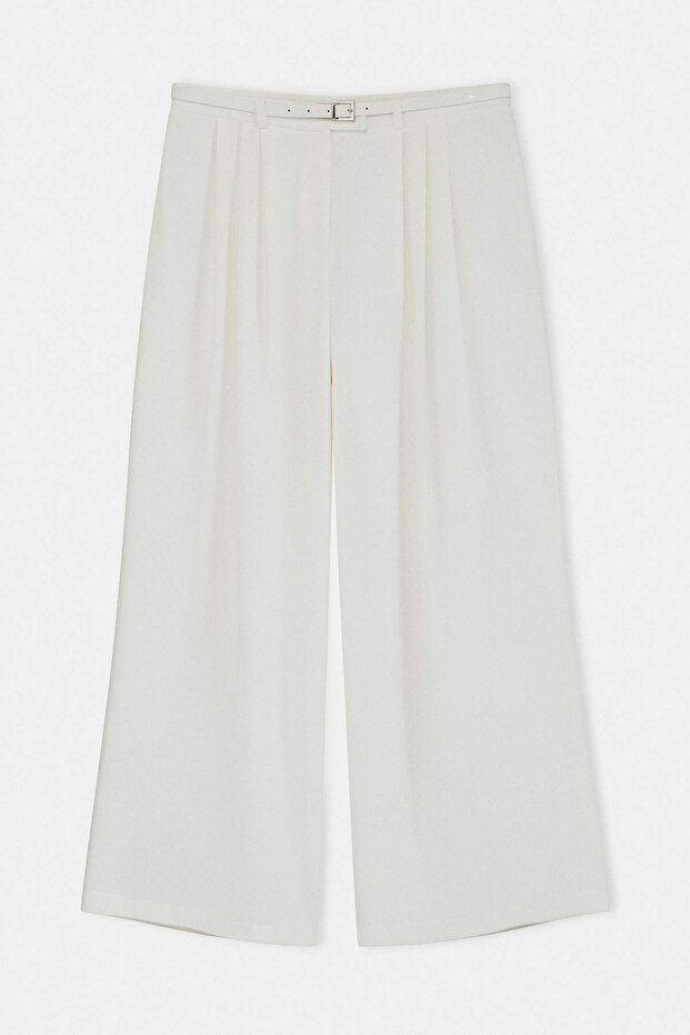 Beyaz Kemerli Pilili Wide Leg/Extra Geniş Paça Dokuma Palazzo Pantolon TBBSS26AR00003 - 5