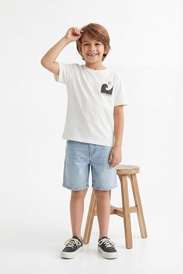 Ekru-Mavi Erkek Çocuk Baskılı Örme T-Shirt TKDSS26TS00033 - 3