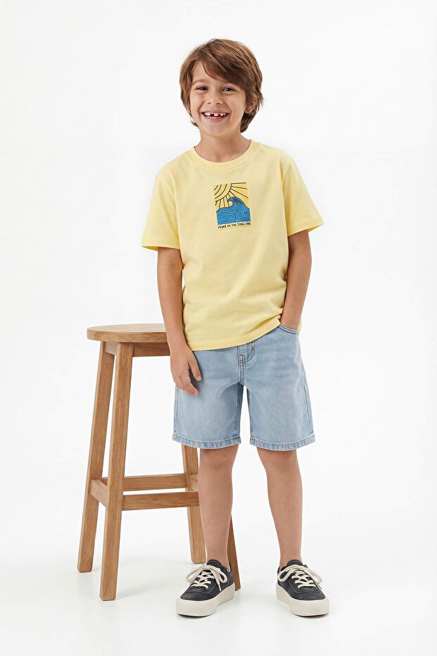 Sarı-Indigo 2'li Erkek Çocuk Baskılı Örme T-Shirt TKDSS26TS00050 - 2