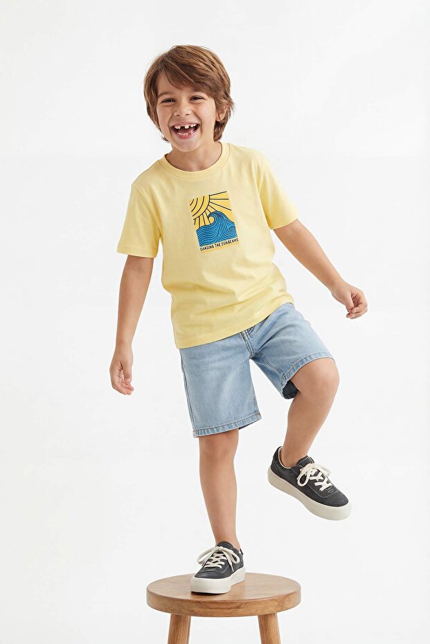 Sarı-Indigo 2'li Erkek Çocuk Baskılı Örme T-Shirt TKDSS26TS00050 - 4