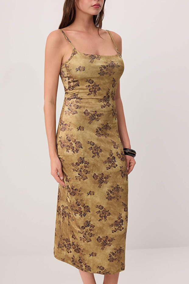 Yeşil Çiçekli Bodycon Kare Yaka İnce Askılı Kolsuz Esnek Örme Elbise TWOSS26EL00573 - 3
