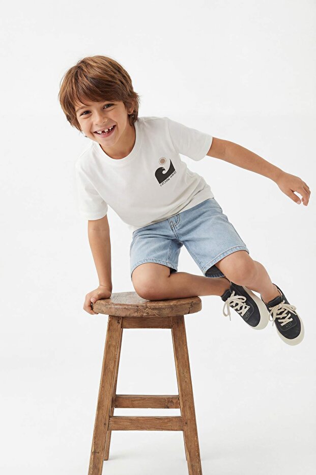 Ekru-Mavi Erkek Çocuk Baskılı Örme T-Shirt TKDSS26TS00033 - 4