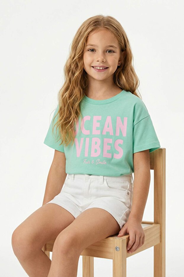 Sarı-Yeşil 2'li Kız Çocuk Baskılı Örme T-Shirt TKDSS26TS00053 - 3