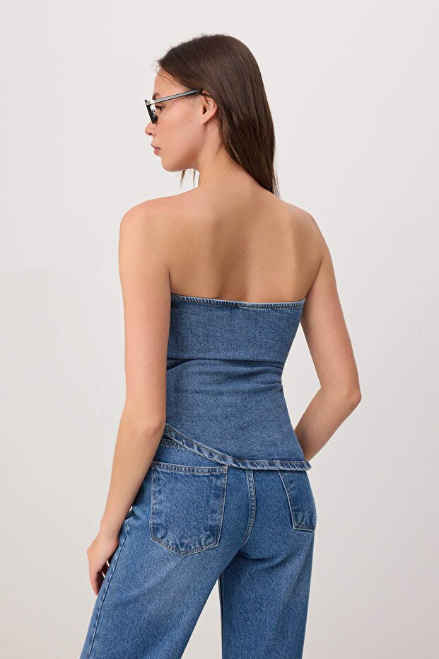 Mavi Straplez Asimetrik Denim Bluz TWOSS26BZ00657 - 4