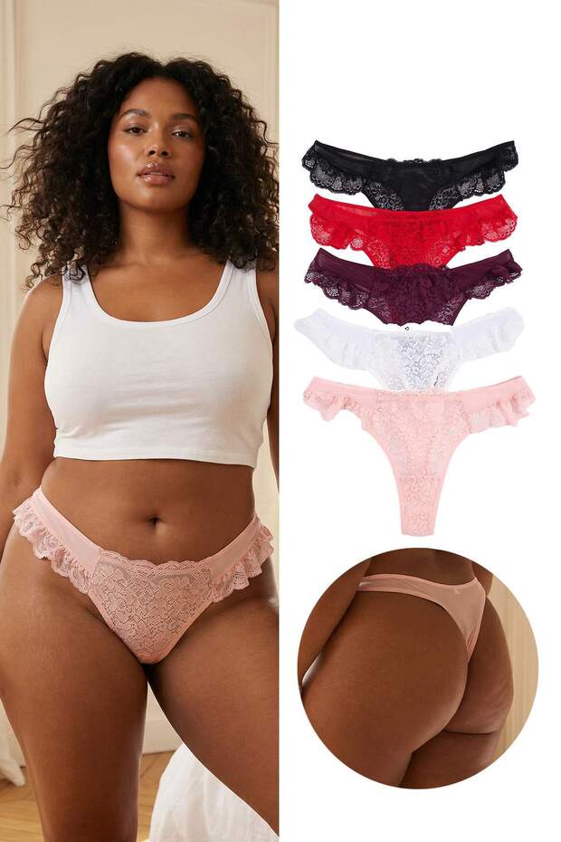 Çok Renkli 5'li Paket Tül Dantel Detaylı Tanga Örme Büyük Beden Külot TBBSS26CM00011 - 1