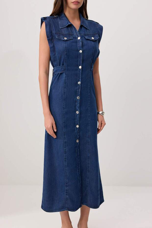 Koyu Mavi Düz Maxi Düğmeli Denim Elbise TWOSS26EL00819 - 3