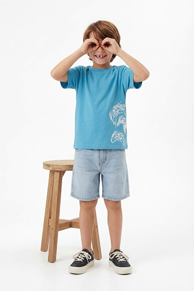 Beyaz-Mavi 2'li Erkek Çocuk Baskılı Örme T-Shirt TKDSS26TS00040 - 7