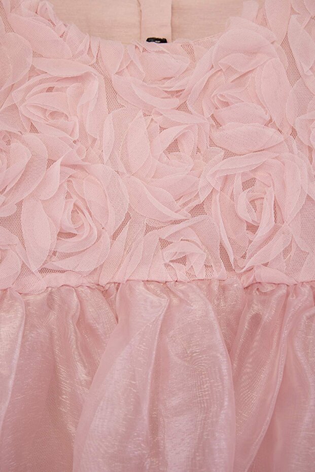 Pembe Midi Çizgili Kız Çocuk Tütü Dokuma Elbise TKDSS26EL00043 - 5