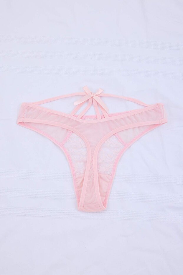 Pembe Dantelli Tül ve Fiyonk Detaylı Tanga Örme Külot THMSS24KU00037 - 7
