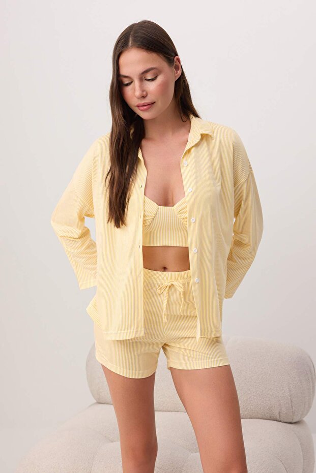Sarı 3'lü Bra'lı Çizgili Örme Pijama Takımı THMSS26PT00085 - 2