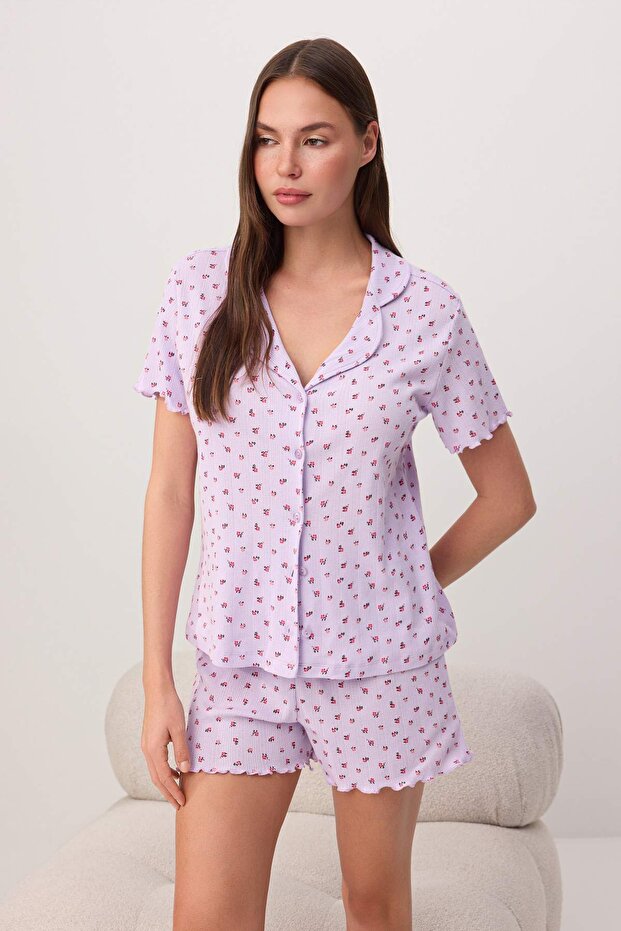 Lila %100 Pamuklu Çiçekli Fitilli/Pointel Örme Pijama Takımı THMSS26PT00204 - 2