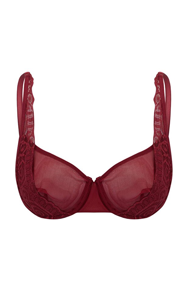 Bordo Dantel Tül Detaylı İp Askılı Kapsız T-Shirt Bra Örme Sütyen THMSS24SU00058 - 5