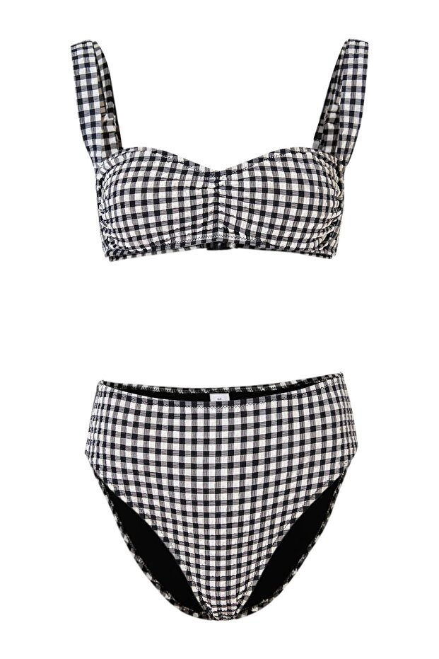 Pötikare Desenli Dokulu Bralette Kaplı Büzgülü Hipster Normal Bel Bikini Takımı TBESS25BT00036 - 4