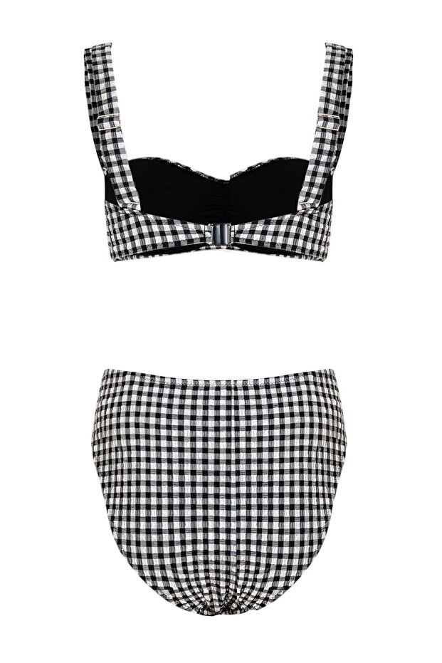 Pötikare Desenli Dokulu Bralette Kaplı Büzgülü Hipster Normal Bel Bikini Takımı TBESS25BT00036 - 5