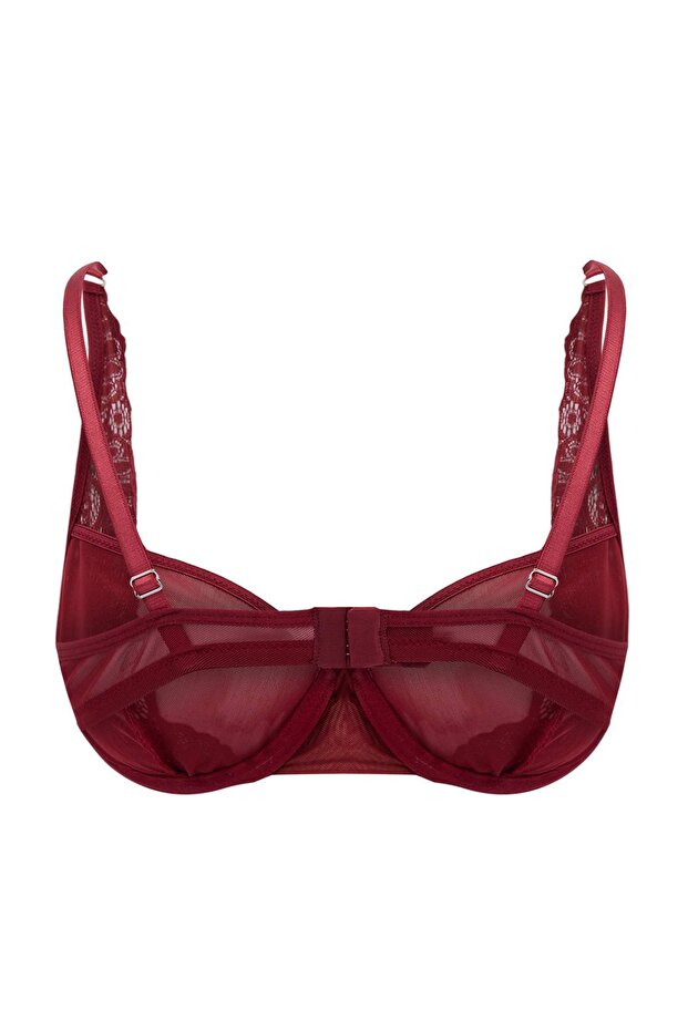 Bordo Dantel Tül Detaylı İp Askılı Kapsız T-Shirt Bra Örme Sütyen THMSS24SU00058 - 6