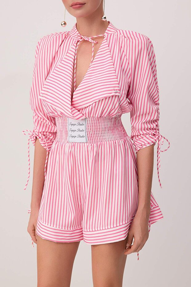 X Sagaza Studio Pembe-Beyaz Çizgili Poplin Tulum TPRSS22TU00000 - 4