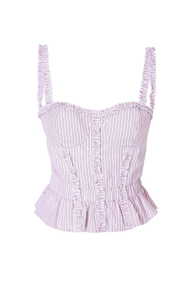 Limited Edition Lila Çizgili Fırfır Detaylı Dokuma Bluz TWOSS26BZ00590 - 6