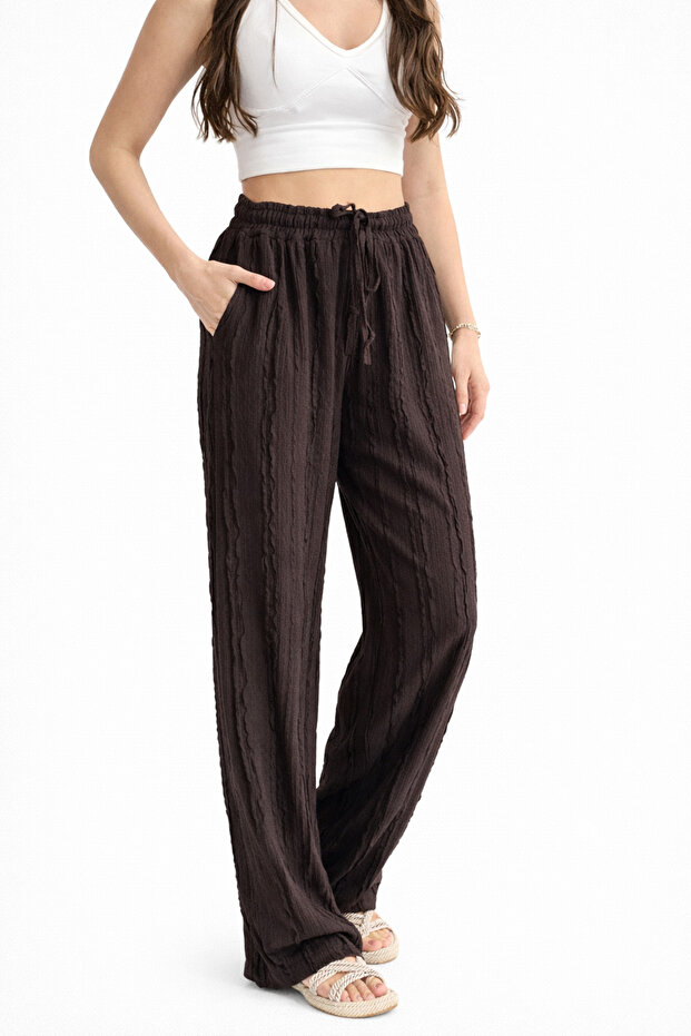 Women's Brown Textured Casual Pants with Elastic Waist