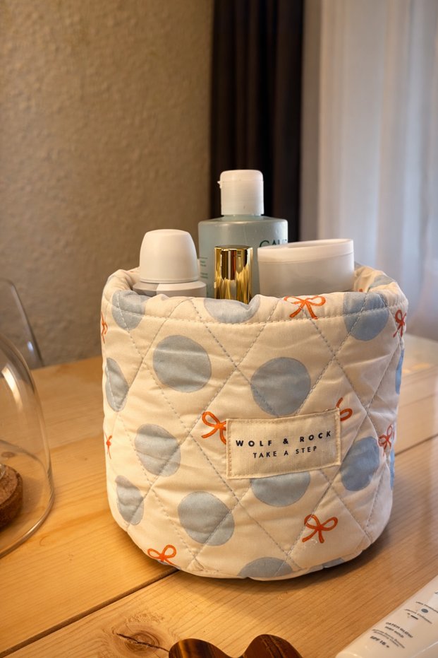 Colorful Quilted Makeup Organizer and Organizer Basket