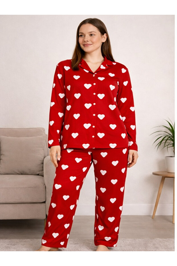Women's Buttoned High Collar Pajama Set Red Color Patterned 4 Season Tracksuit Set