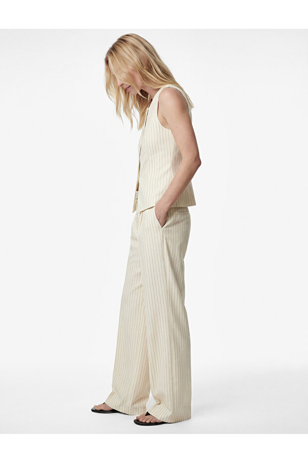 Wide Leg Striped Fabric Trousers with Pile Detail, Pockets and Belt