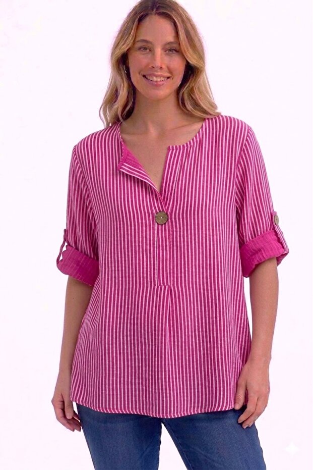 Women's Italian Fuchsia Striped 3/4 Sleeve Loose 100% Cotton Blouse Tunic