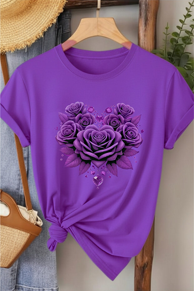 Rose Color Matching Printed Women's Cotton T-Shirt