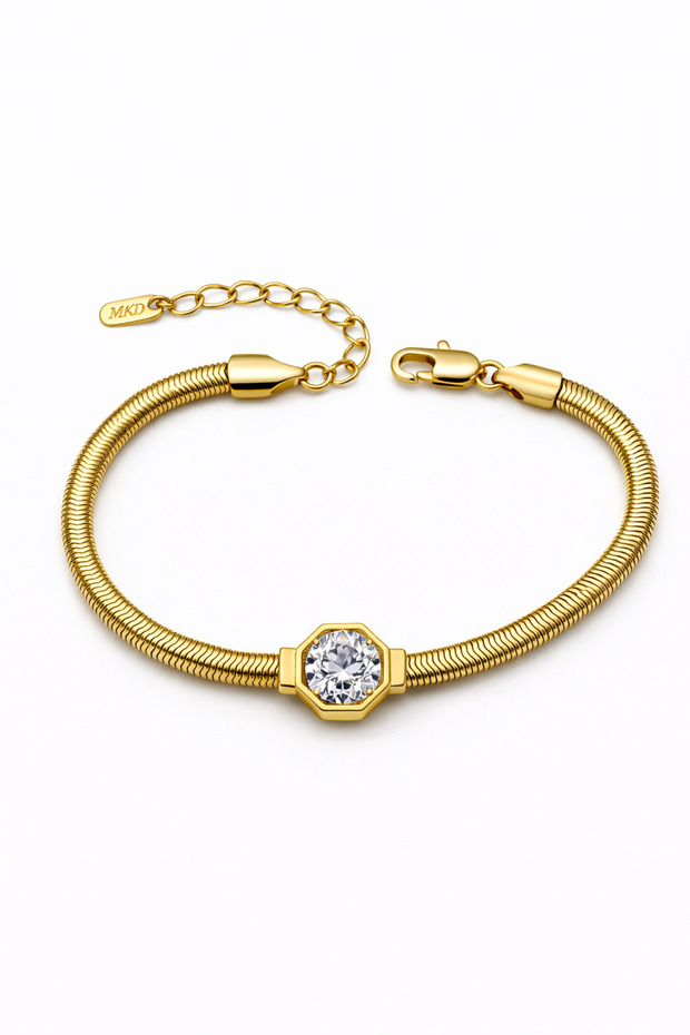 Fish Scale Single Stone Bracelet Stainless Steel Gold Zircon