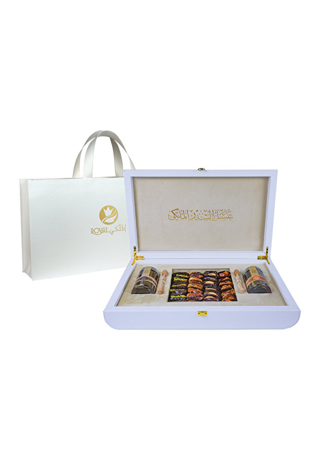 White Leather Box Natural UAE Sidr 250g & Pure UAE Samar 250g With Dates With Nuts with bag