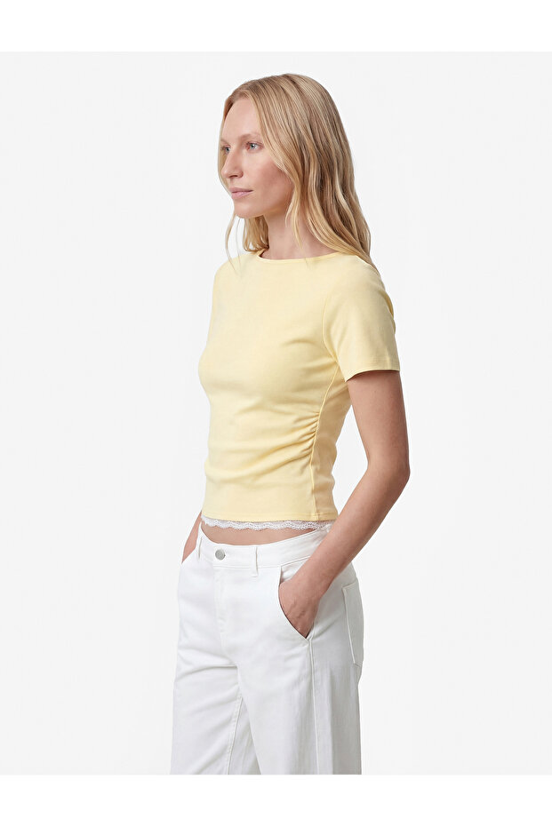 Cotton Draped Lace Detailed Short Sleeve Crew Neck T-Shirt