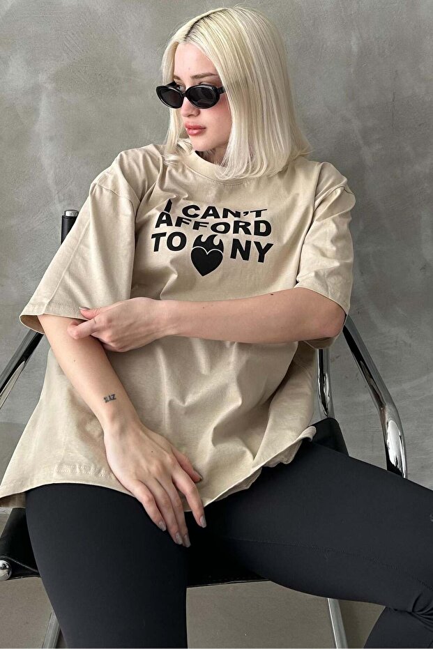 Beige Printed Crew Neck Women's T-Shirt Mg1653