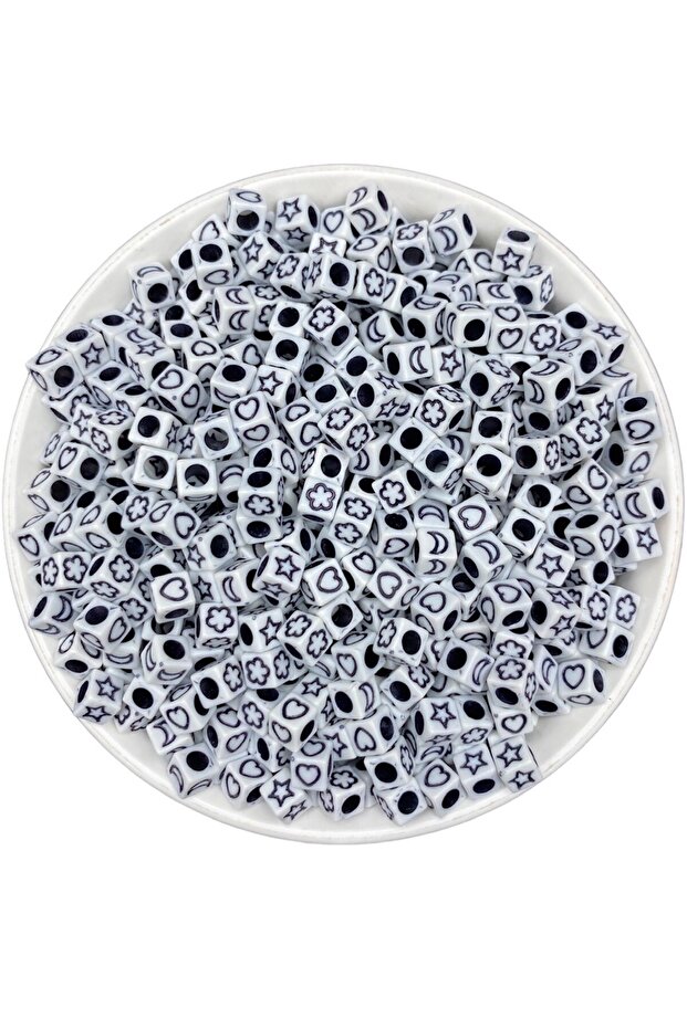 25Gr 6mm Cube Symbol, White Black Beads, Star, Moon, Heart, Flower Pattern (~140 Pieces)
