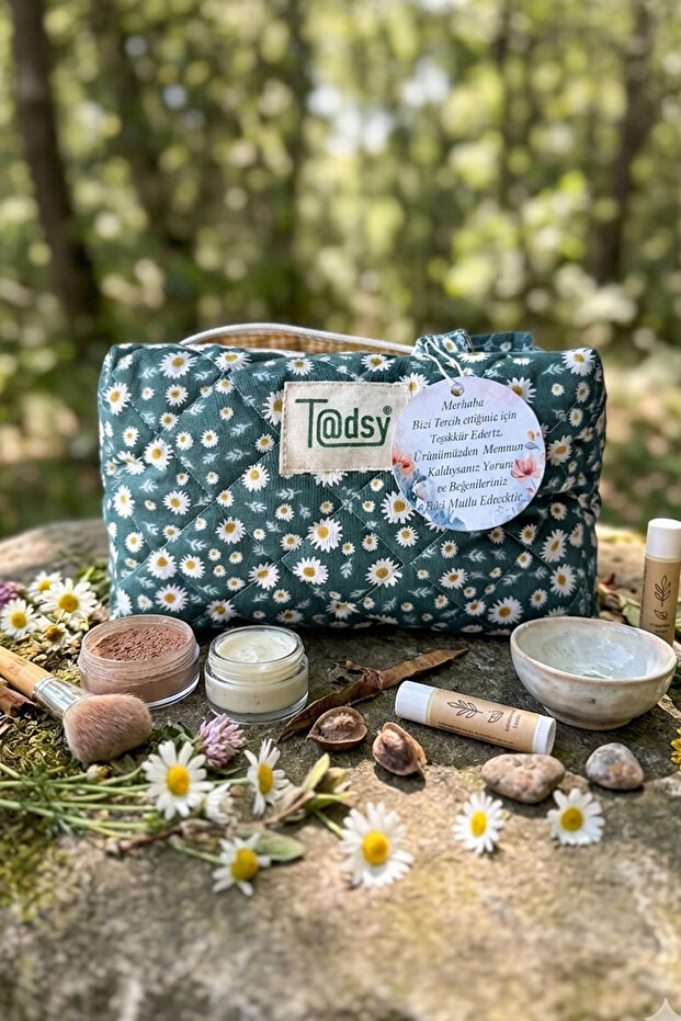Daisy Patterned 100% Cotton Makeup and Cosmetic Bag | 22X12X10 cm | Travel Organizer