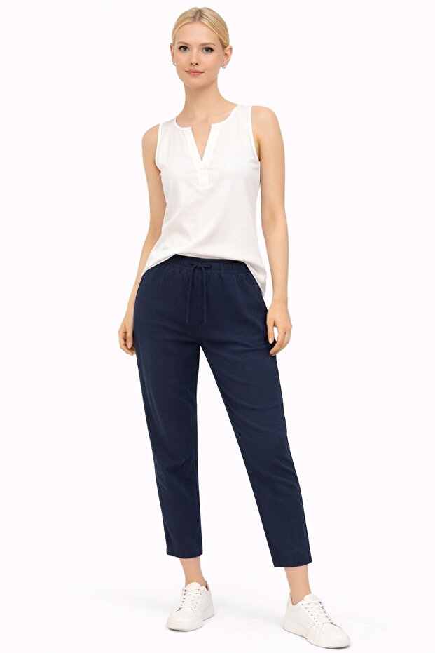 Alian Beli Lastikli Beach 100% Linen Trousers-Navy Blue