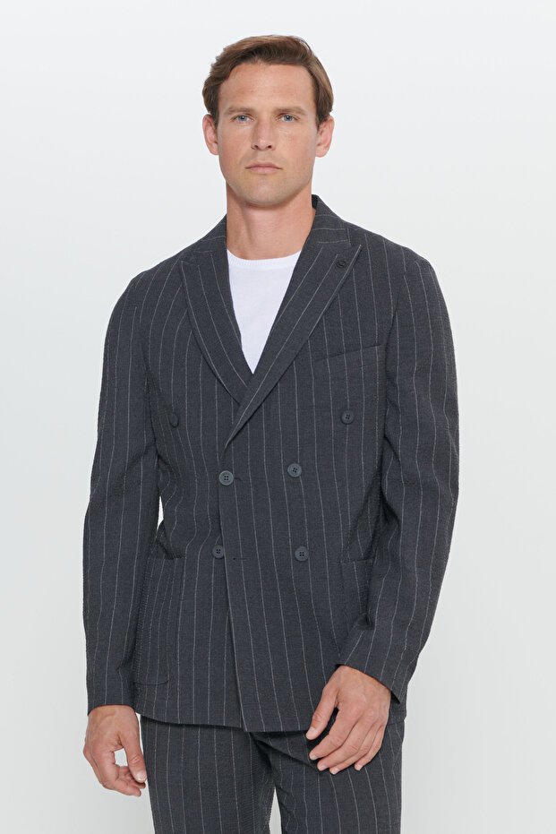 Men's Anthracite Slim Fit Slim Fit Swallow Collar Seersucker Print Woolen Suit